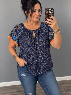 SHEIN Floral Boho Peasant Blouse Women’s XL Navy Blue Orange Short Sleeve